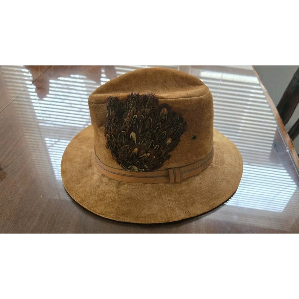 Vintage Suede Fedora Hat Pheasant Feather Trim USA Made Boho Western - Picture 2 of 11